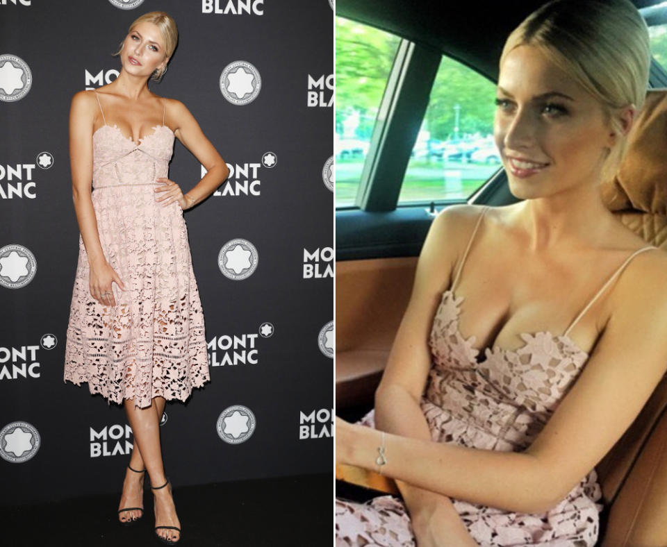 Doch auch die deutschen Stars zeigen sich in Sachen Dekolleté nicht eben zurückhaltend: Model und Moderatorin Lena Gercke beispielsweise besuchte das Mont Blanc-Event in Berlin Anfang Juni in diesem süßen Dress mit Traumdekolleté von Self-Portrait. (Bilder: Getty Images, Instagram/Lena Gercke)