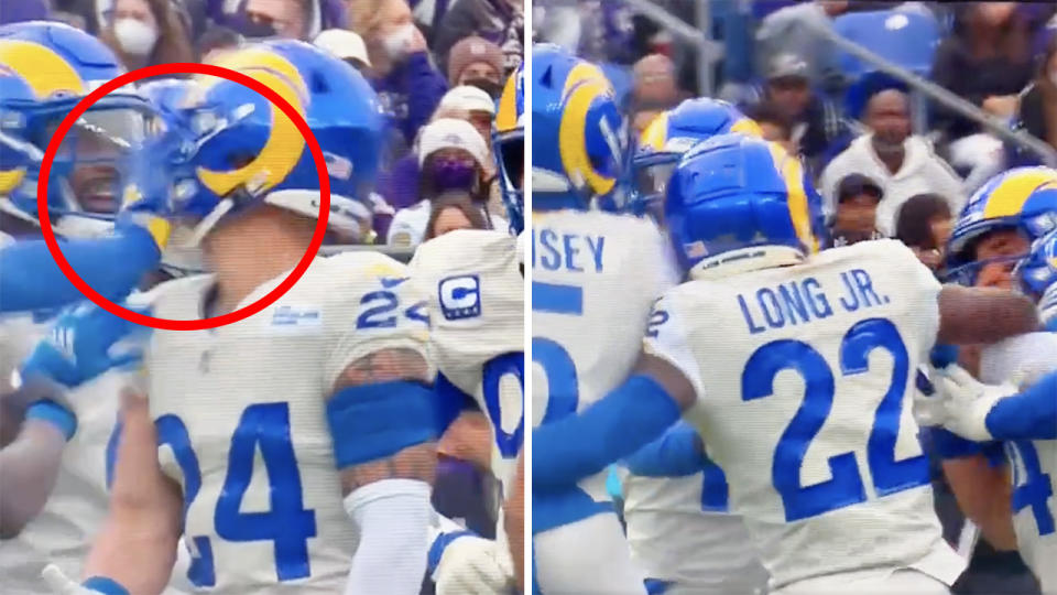 The LA Rams have sought to brush over an altercation sparked by star Jalen Ramsey shoving a teammate's helmet on Monday. Pictures: Fox NFL