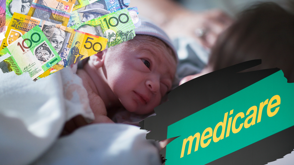 Pictured: Medicare logo, Australian cash and baby born with private health insurance. Images: Getty