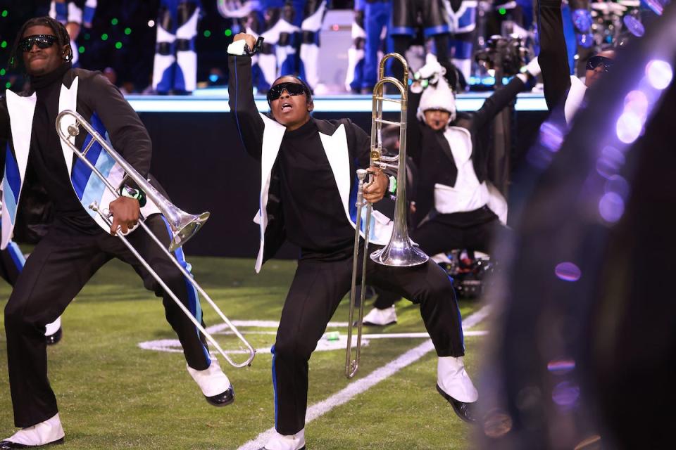 Jackson State band the Sonic Boom of the South Marching Band performs with Usher at Super Bowl 58 halftime show.