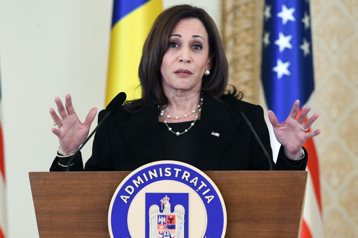 US Vice President Kamala Harris holds a press conference following a meeting with Romanian President Klaus Iohannis at Cotroceni Palace in Otopeni, Romania, Friday, March 11, 2022. 