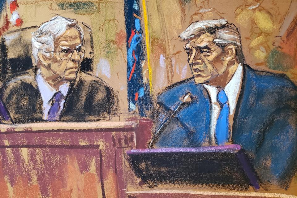 A courtroom sketch depicts Donald Trump on the witness stand to testify about his comments that prompted Judge Arthur Engoron to fine him for violating the trial’s gag order on 25 October. (REUTERS)