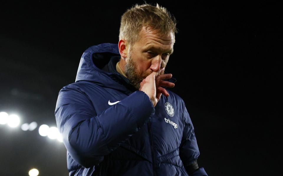 Chelsea Manager Graham Potter looks dejected after the team's defeat in the Premier League match between Fulham FC and Chelsea FC at Craven Cottage on January 12, 2023 in London, England