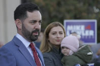 Mike Lawler, left, is joined by his wife Doina and daughter Julianna as he speaks during a news conference, Wednesday, Nov. 9, 2022, in New City, N.Y. (AP Photo/Mary Altaffer)