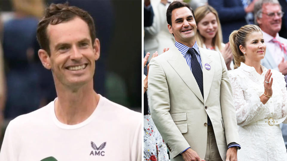 Andy Murray laughing at Wimbledon and Roger Federer and Mirka smiling.