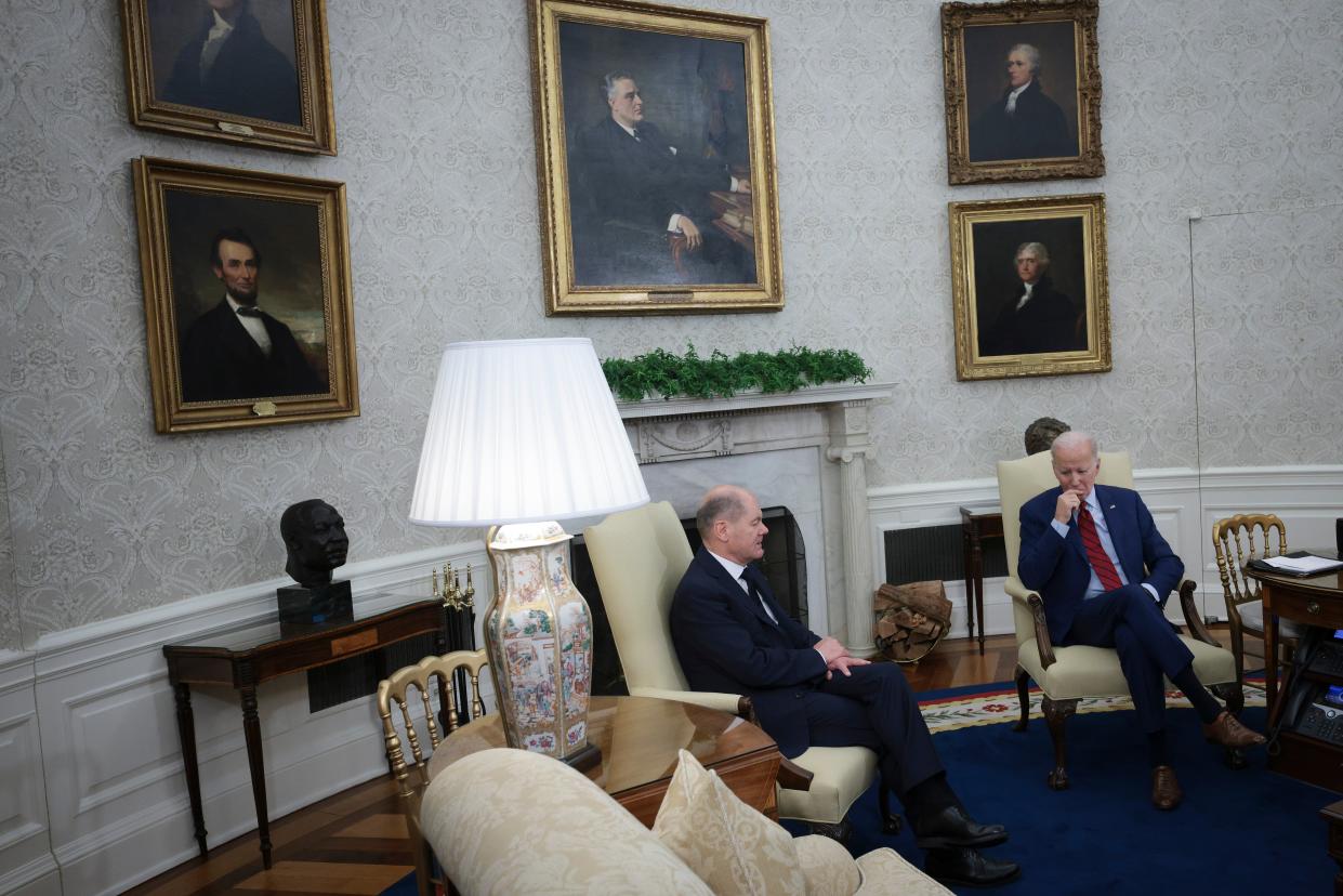 US president Joe Biden meets with German chancellor Olaf Scholz in the Oval Office of the White House on 3 March 2023 in Washington, DC (Getty Images)