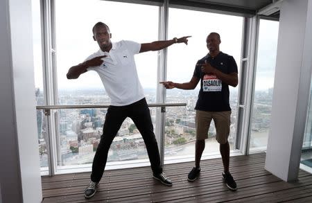 Athletics - Usain Bolt visits the Shard ahead of the Sainsbury's Anniversary Games - The Shard, London - 25/7/13 Jamaica's Usain Bolt and Great Britain's James Dasaolu (R) visit the Shard ahead of the Sainsbury's Anniversary Games Mandatory Credit: Action Images / Steven Paston Livepic