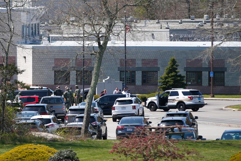 SWAT teams are seen at the entrance of the Bristol County House of Correction in Dartmouth where a disturbance is ongoing.