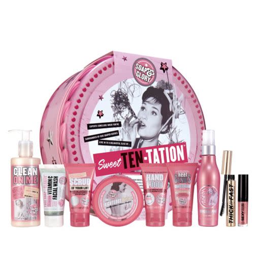 <p>Soap and Glory have the ability to be luxurious and not break the bank, a wonderful reprieve if you spend way too much money on very expensive bath and body products. Their Sweet Ten-tation box also combines beauty and skincare. It may seem odd to have a bubble bath and apply mascara in this kit but as the kit has been made to celebrate Soap and Glory’s tenth anniversary, it’s perfect to indulge in. </p><p><i>Buy online or at a <a rel="nofollow noopener" href="http://www.boots.com/en/SOAP-GLORY-Sweet-Ten-tation%C2%99-Gift-Set_1839524/" target="_blank" data-ylk="slk:Boots;elm:context_link;itc:0;sec:content-canvas" class="link ">Boots</a> store</i></p>