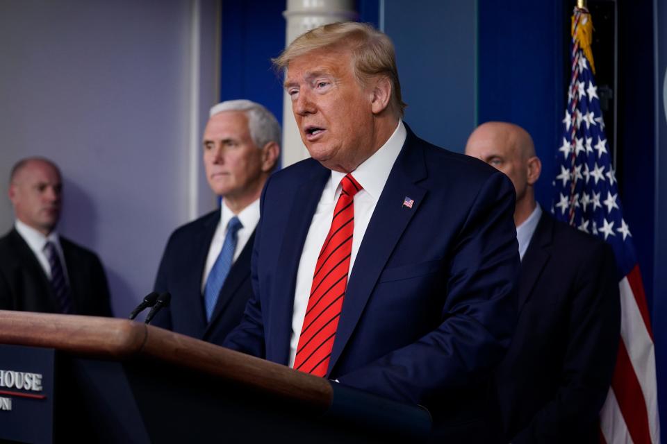 President Donald Trump speaks during press briefing with the coronavirus task force, at the White House, Thursday, March 19, 2020, in Washington.