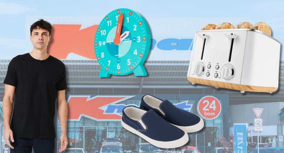 Kmart background with composite image of man wearing Anko t-shirt, and Anko toy clock, Anko shoes, Anko toaster