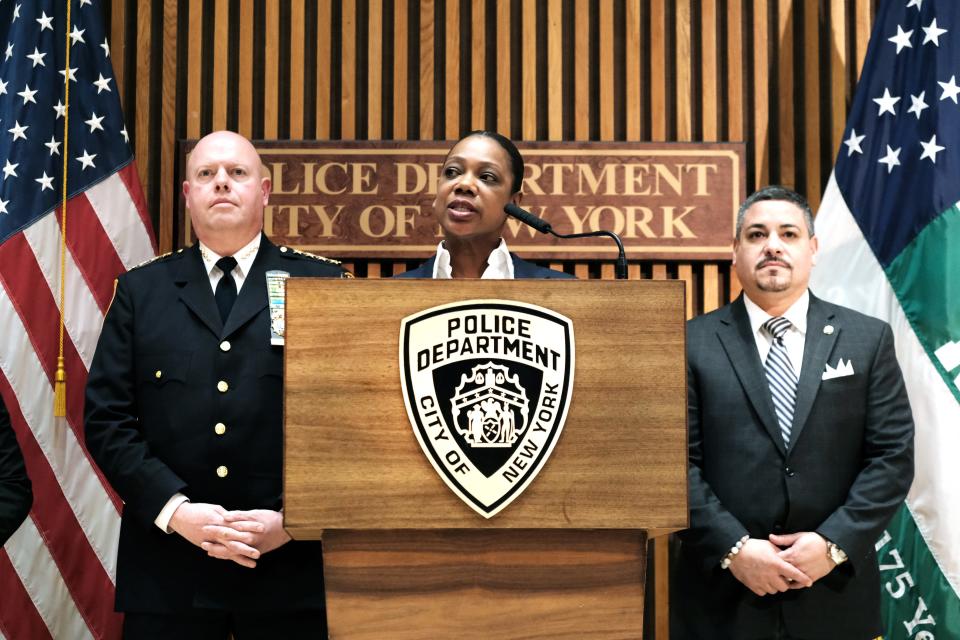 The NYPD Police Commissioner, Keechant Sewell, announces the arrest of the suspect in the shooting on a Brooklyn subway yesterday on April 13, 2022 in New York City.