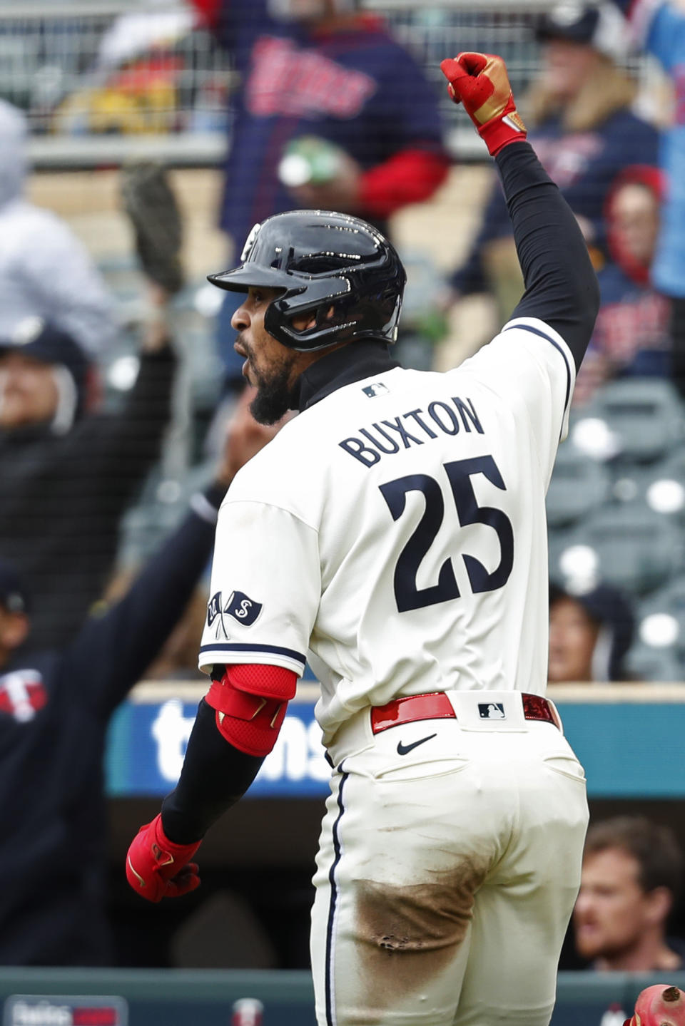 Minnesota Twins' Byron Buxton runs the bases on his three-run home run against the Kansas City Royals in the third inning of a baseball game, Sunday, April 30, 2023, in Minneapolis. (AP Photo/Bruce Kluckhohn)