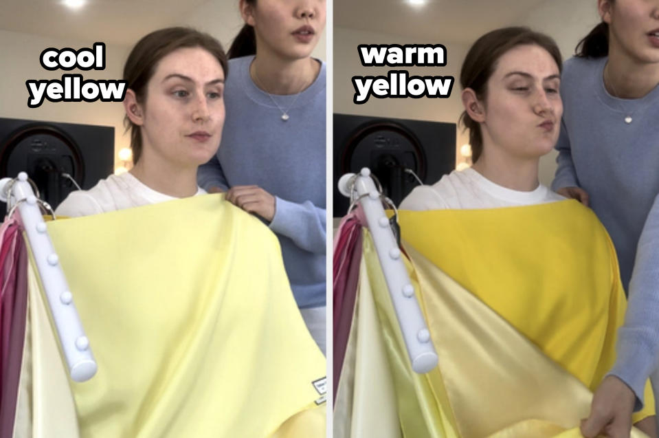 Two women evaluating colorful fabric samples draped over one of them