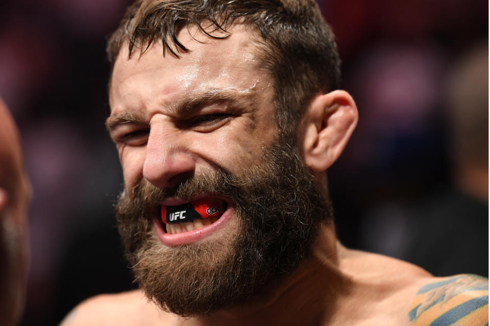 LAS VEGAS, NV - JULY 06:  Michael Chiesa enters the octagon in his welterweight fight during the UFC 239 event at T-Mobile Arena on July 6, 2019 in Las Vegas, Nevada.  (Photo by Josh Hedges/Zuffa LLC/Zuffa LLC)