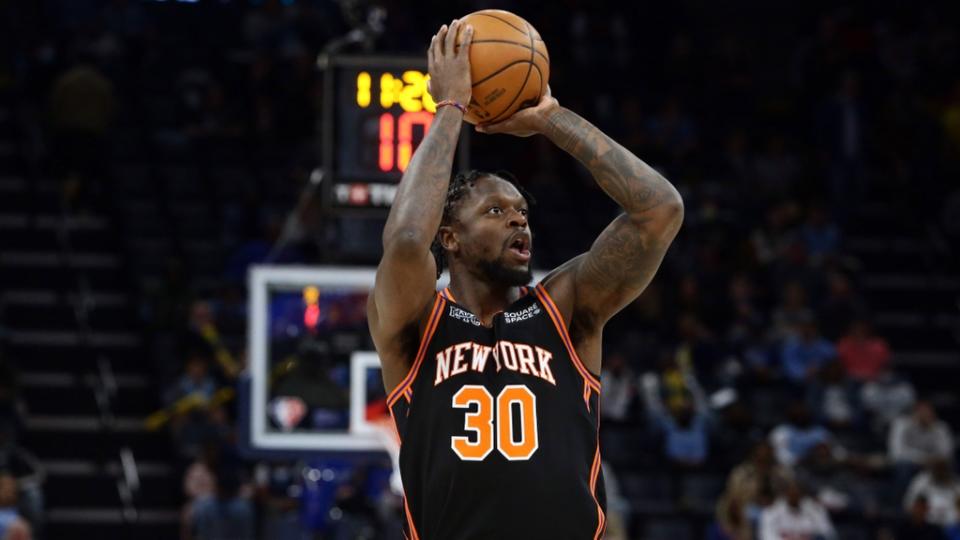 Mar 11, 2022; Memphis, Tennessee, USA; New York Knicks forward Julius Randle (30) shoots for three during the first half against the Memphis Grizzlies at FedExForum.