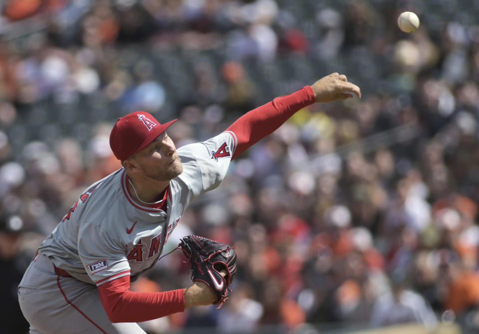 Los Angeles Angels starting pitcher Reid Detmers delivers against the Baltimore Orioles during the first inning of a baseball game Sunday, March 31, 2024, in Baltimore. (AP Photo/Steve Ruark)