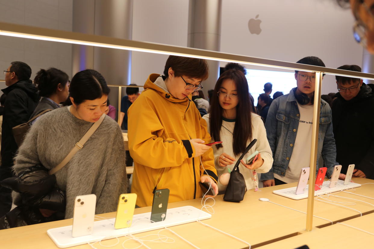 SHANGHAI, CHINA - MARCH 23, 2024 - Customers shop at Apple's flagship store, the world's second largest and Asia's largest, in Shanghai, China, March 23, 2024. (Photo credit should read CFOTO/Future Publishing via Getty Images)