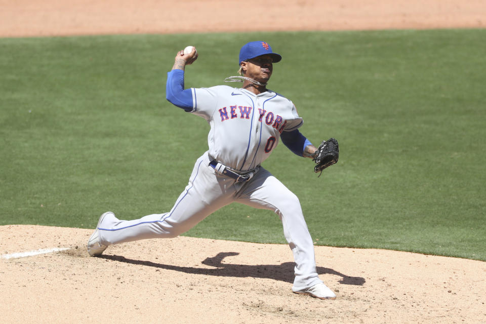 New York Mets starting pitcher Marcus Stroman delivers in the fifth inning of a baseball game against the San Diego Padres, Sunday, June 6, 2021, in San Diego. (AP Photo/Derrick Tuskan)