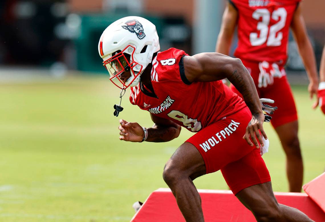 N.C. State defensive back Robert Kennedy III (8) runs a drill during the Wolfpack’s first fall practice in Raleigh, N.C., Wednesday, August 2, 2023. Ethan Hyman/ehyman@newsobserver.com