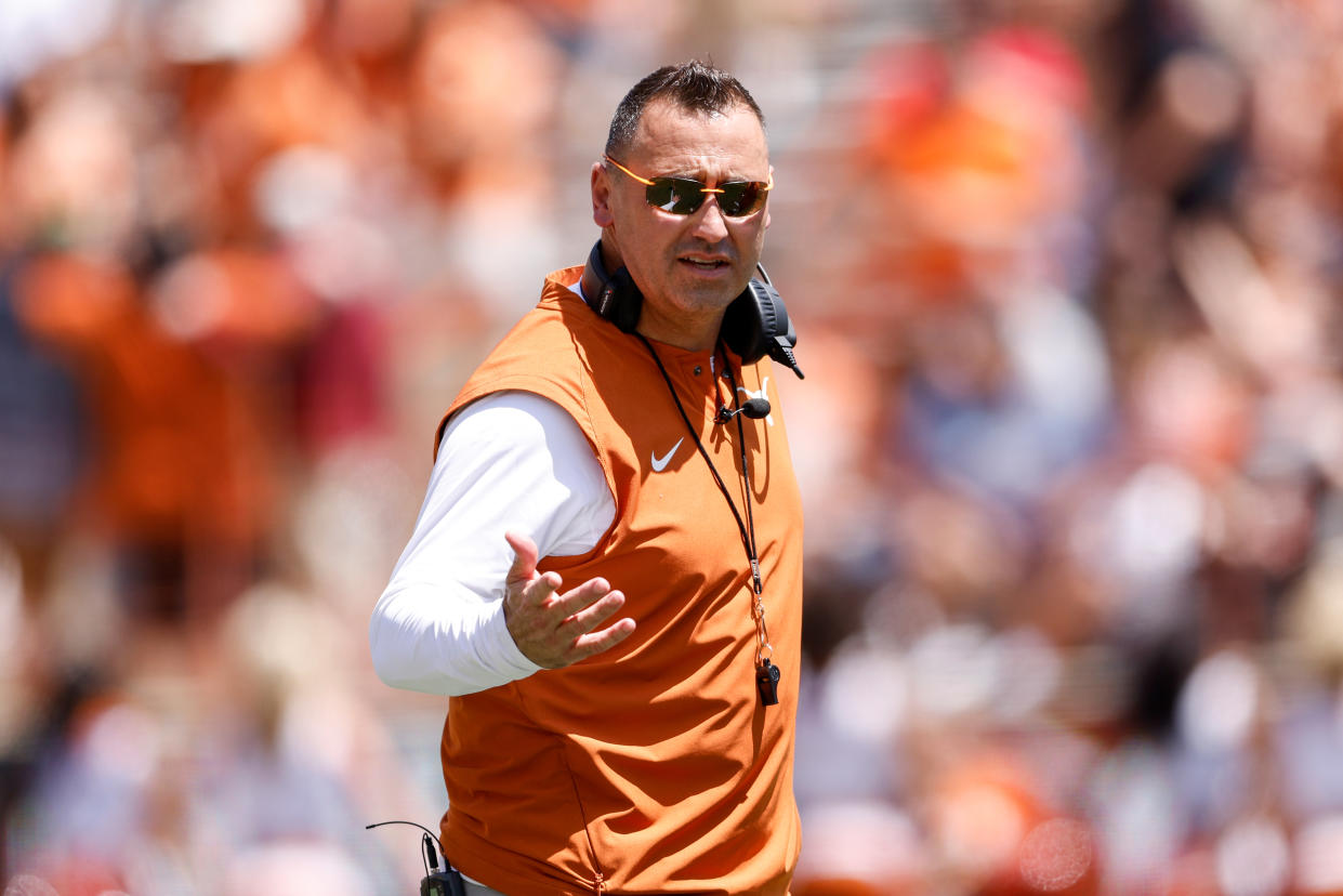 Texas Longhorns coach Steve Sarkisian reacts during a practice on April 15, 2023 in Austin, Texas. (Tim Warner/Getty Images)