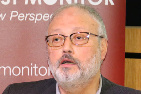 FILE PHOTO: Saudi dissident Jamal Khashoggi speaks at an event hosted by Middle East Monitor in London, Britain, Sept. 29, 2018. Picture taken September 29, 2018. Middle East Monitor/Handout via REUTERS
