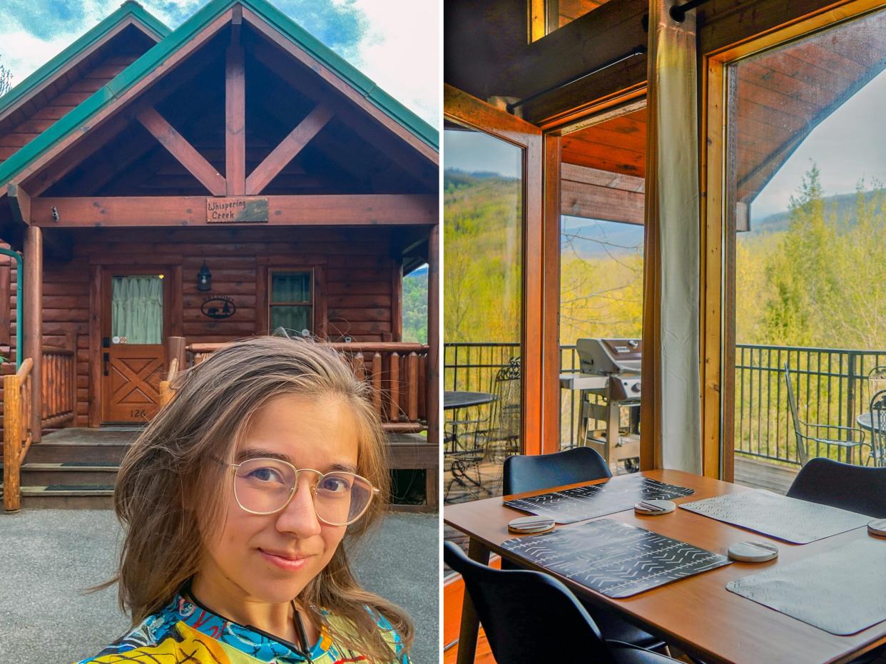 Left image: the author stands in front of a wood cabin with cloudy blue skies in the background Right image: a dining table with four chairs next to windows with views of trees outside