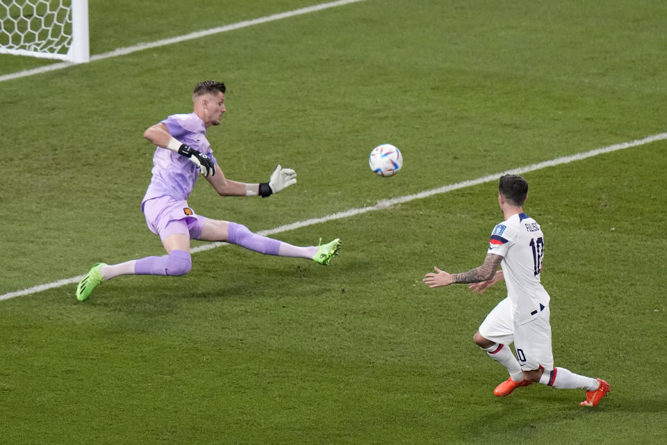 goalkeeper Andries Noppert of the Netherlands saves a shot at goal from Christian Pulisic of the United States during the World Cup round of 16 soccer match between the Netherlands and the United States, at the Khalifa International Stadium in Doha, Qatar, Saturday, Dec. 3, 2022. (AP Photo/Luca Bruno)