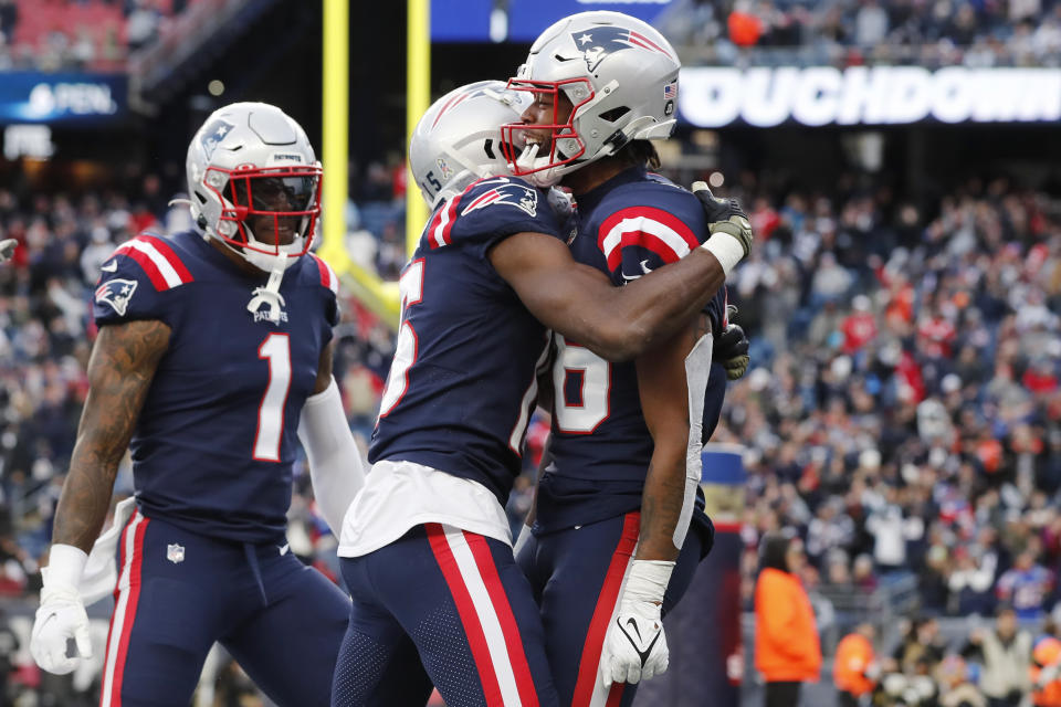 New England Patriots wide receiver Jakobi Meyers, right, celebrates after his touchdown during the second half of an NFL football game against the Cleveland Browns, Sunday, Nov. 14, 2021, in Foxborough, Mass. (AP Photo/Michael Dwyer)