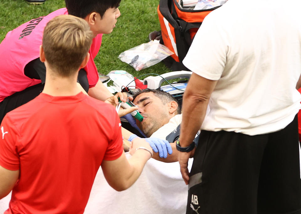 Seen here, Adelaide United midfielder Juande after breaking his leg during the round 14 A-League Men's match against Melbourne City. 