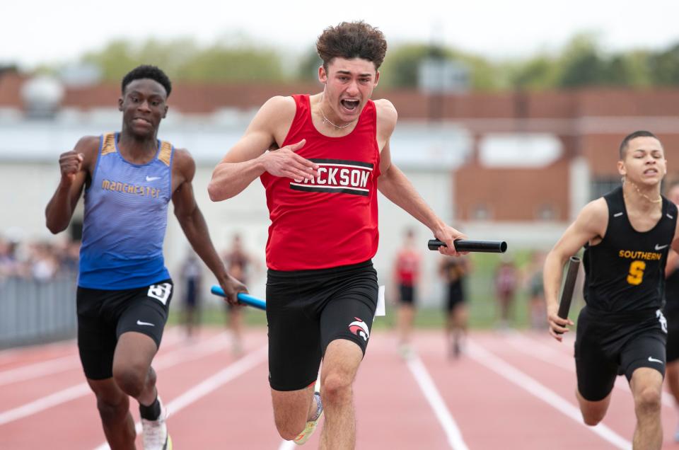 Jackson Memorialâ€™s Steven Bado secures the win for his team during the 4x100 relay. Ocean County Track Championships take place at Jackson Liberty High School. Jackson, NJSaturday, May14, 2022