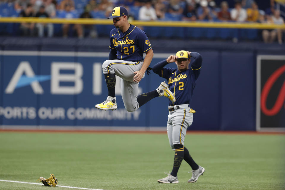 Milwaukee Brewers shortstop Willy Adames (27) warms up for the team's against the Tampa Bay Rays on Tuesday, June 28, 2022, in St. Petersburg, Fla. (AP Photo/Scott Audette)