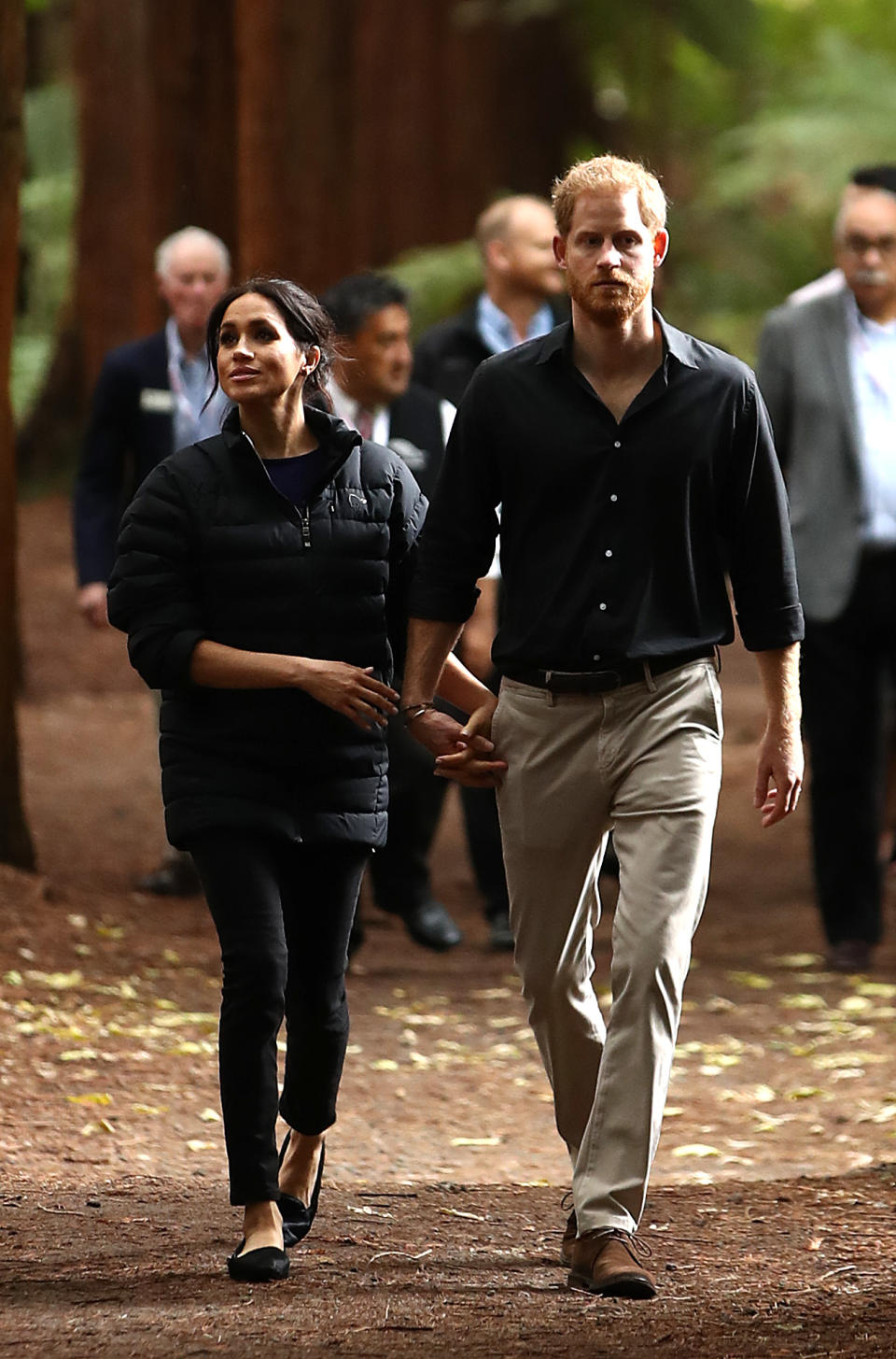 <p>The Duchess of Sussex changed into a less formal outfit for the couple’s final day of the royal tour. Meghan wore her go-to Mother jeans, flat pumps and a Norrøna coat for a visit to the Redwoods Treewalk on October 31. <em>[Photo: Getty]</em> </p>