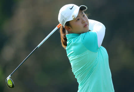 FILE PHOTO: Jun 12, 2015; Harrison, NY, USA; Simin Feng of China drives off the No.10 tee during the second round of the KPMG Women's PGA Championship at Westchester Country Club - West. Mandatory Credit: Brad Penner-USA TODAY Sports/File Photo