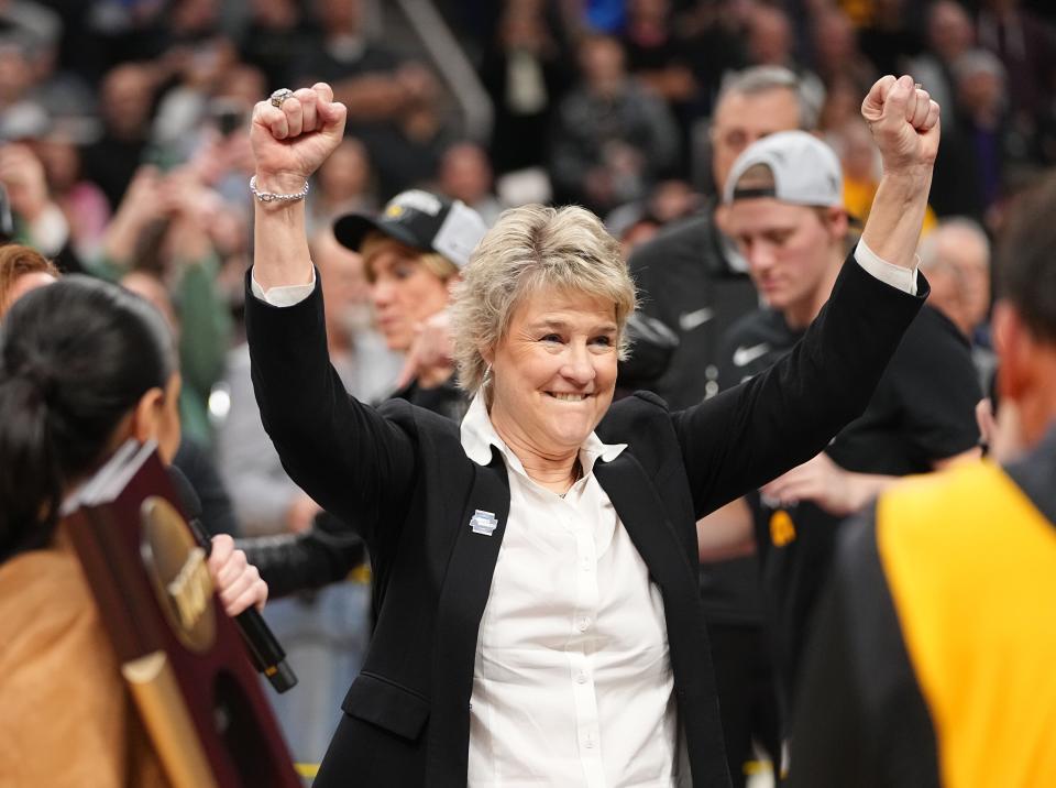 Iowa Hawkeyes head coach Lisa Bluder celebrates after beating LSU in the Elite 8 round of the NCAA Women's Basketball Tournament between Iowa and LSU at MVP Arena, Monday, April 1, 2024 in Albany, N.Y.