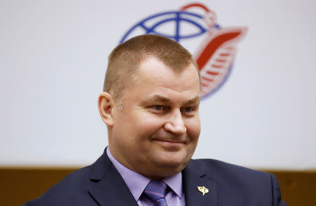 Crew member of the International Space Station (ISS) Aleksey Ovchinin attends a news conference in the Star City near Moscow, Russia February 21, 2019. REUTERS/Maxim Shemetov