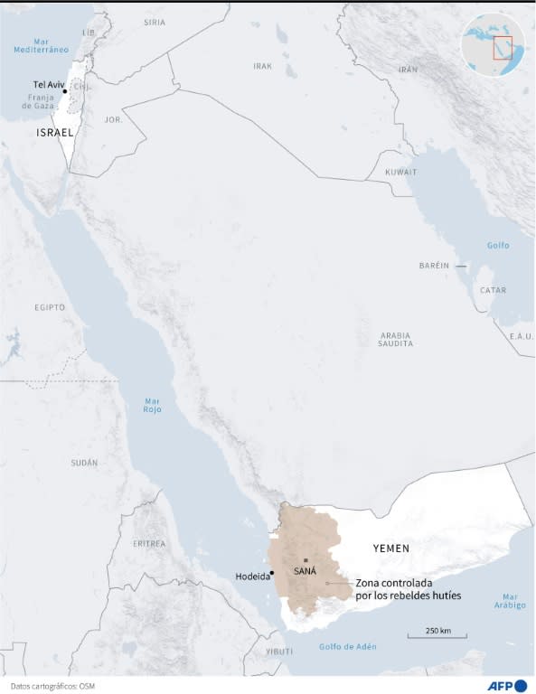 Mapa de Oriente Medio localizando Israel y las zonas controladas por los rebeldes hutíes en Yemen, así como el puerto de Hodeida