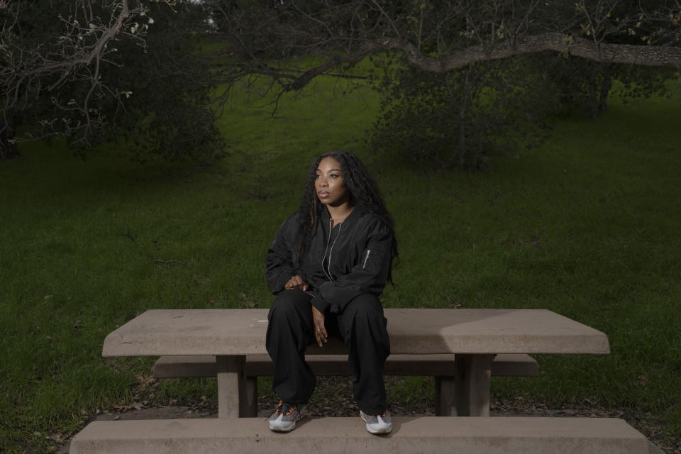 Singer-songwriter Jessy Wilson, whose song, “Keep Rising,” was featured in the action epic “The Woman King,” poses for photos in Santa Clarita, Calif., Thursday, Jan. 19, 2023. Wilson and her co-writers Angelique Kidjo and Jeremy Lutito are now nominated for a Grammy for best song written for visual media. (AP Photo/Jae C. Hong)