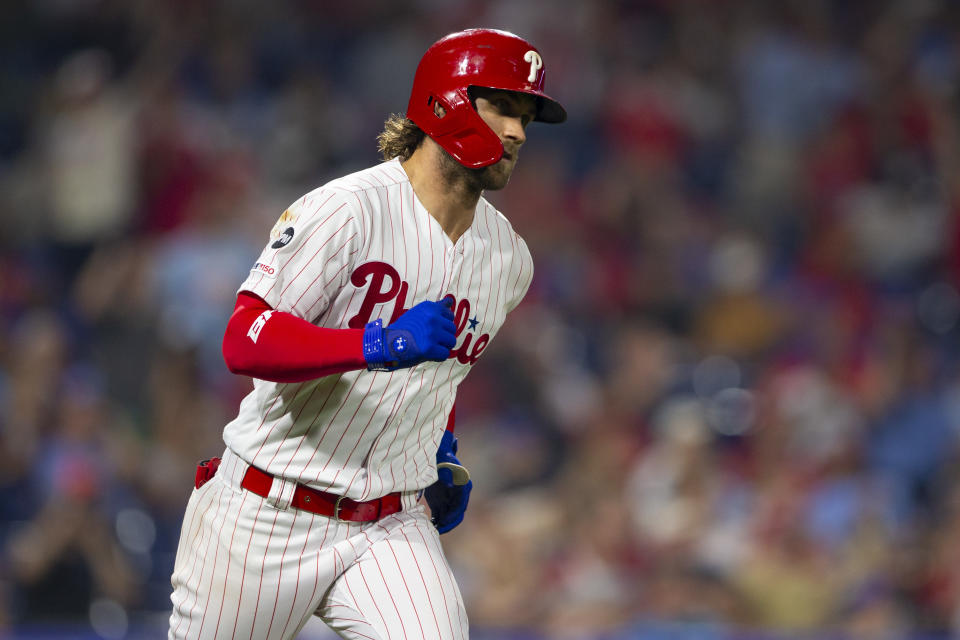 PHILADELPHIA, PA - AUGUST 14: Bryce Harper #3 of the Philadelphia Phillies rounds the bases after hitting a solo home run in the bottom of the sixth inning against the Chicago Cubs at Citizens Bank Park on August 14, 2019 in Philadelphia, Pennsylvania. The Phillies defeated the Cubs 11-1. (Photo by Mitchell Leff/Getty Images)