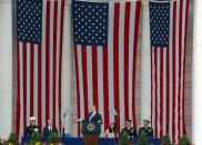 <p>President Donald Trump speaks at the Memorial Amphitheater in Arlington National Cemetery in Arlington, Va., Monday, May 29, 2017, during a Memorial Day ceremony. (Photo: Pablo Martinez Monsivais/AP) </p>