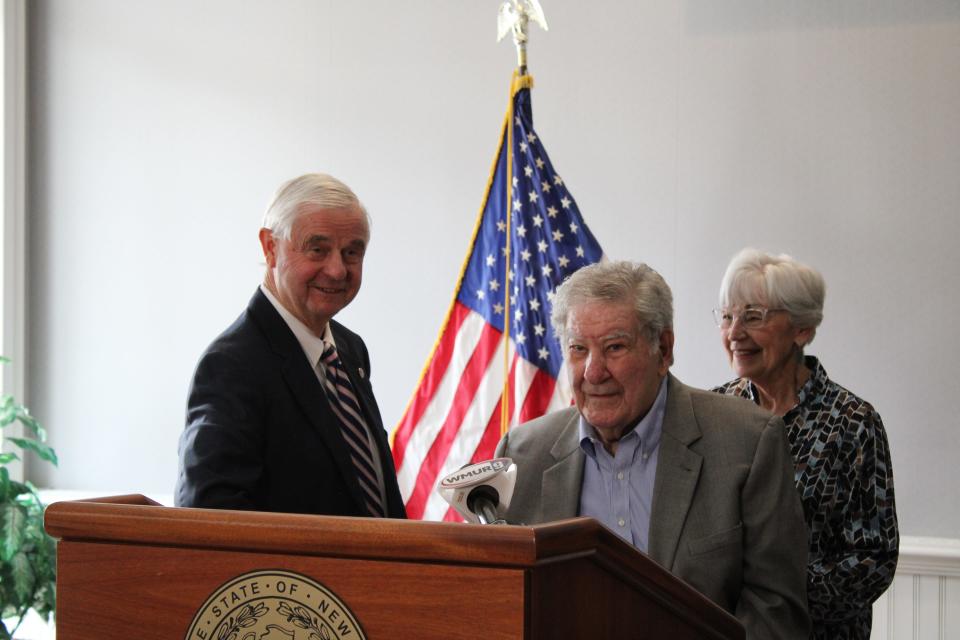 Senate President Jeb Bradley, R-Wolfeboro, and Sen. Lou D'Allesandro, D-Manchester, chat before a press conference where D'Allesandro announces his retirement. Bradley announced his a couple weeks before.