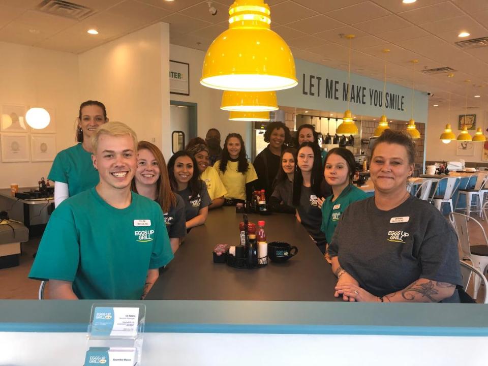 Eggs Up Grill wait staff at the Gastonia location on South New Hope Road and Redbud. The restaurant opened for business on Monday, Jan. 17, 2022.