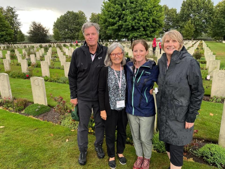 Melissa McBride, second from right, and her family at the Groesbeek Canadian War Cemetery in the Netherlands, where three of her grandfather's friends are buried. (Submitted by Melissa McBride - image credit)