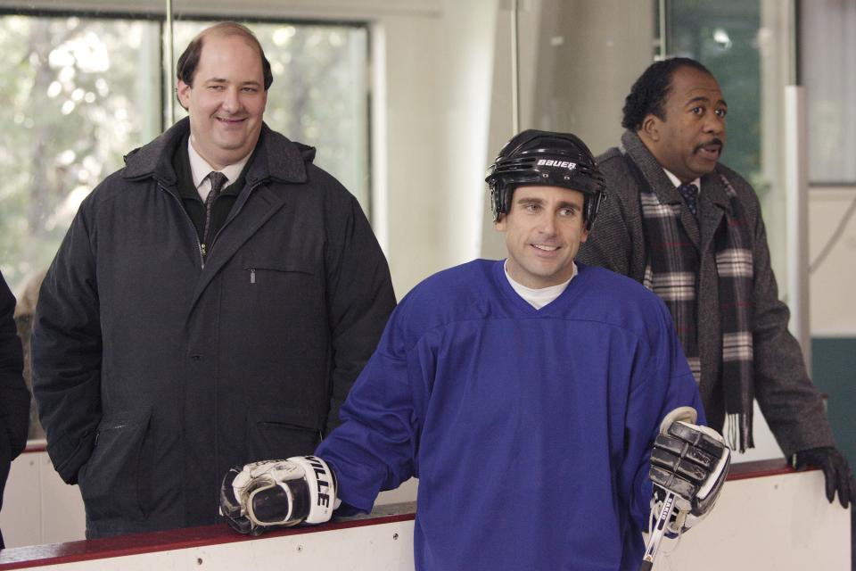 Steve Carell dons hockey equipment on the set of 