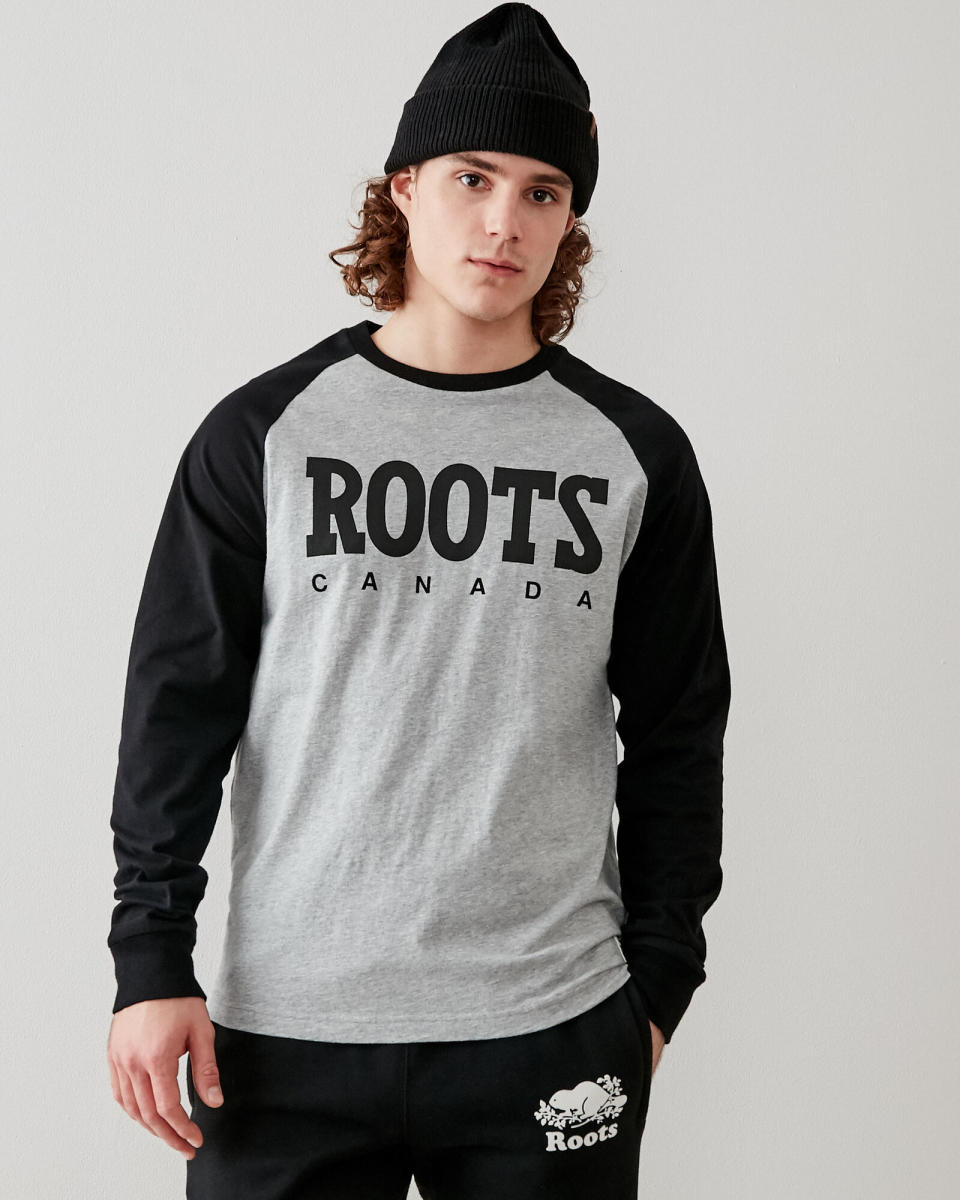 Mens Retro Baseball Long Sleeve T-shirt. Image via Roots.