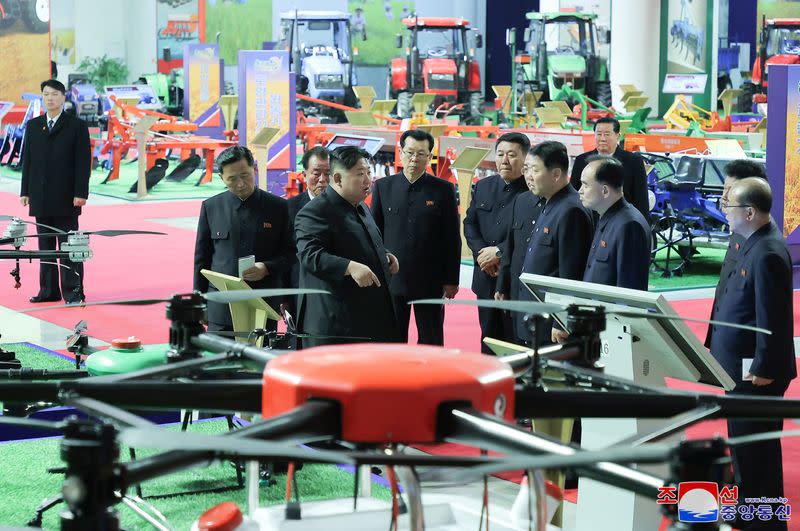 North Korean leader Kim Jong Un visits the agricultural machinery exhibition hall