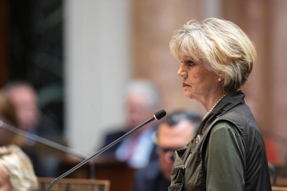 Rep. Jennifer Decker speaks and listens to comments on HB 470 at the Capitol in Frankfort, Ky., Thursday, March 2, 2022.