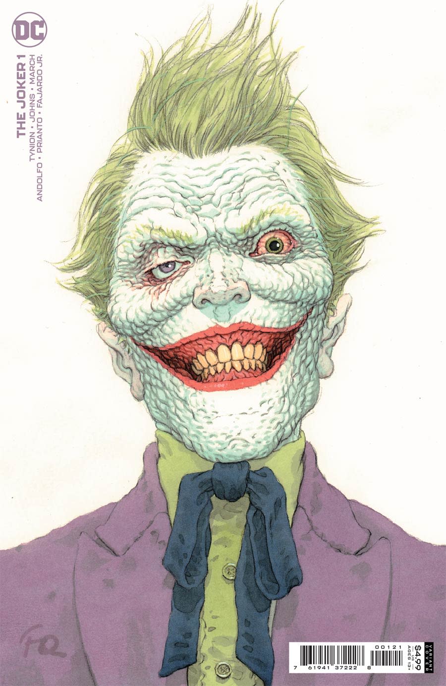 A cover for a Batman comic by Frank Quitely shows a horribly disfigured Joker smiling at the reader