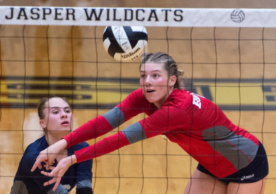 Tecumseh’s Jenna Donohoo (9) makes a pass during the Class A semi state volleyball game at Jasper High School in Jasper, Ind., Saturday afternoon, Oct. 29, 2022. 