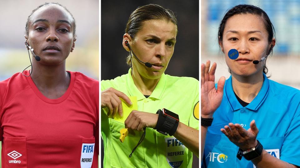 Salima Mukansanga (Ruanda), Stéphanie Frappart (Francia) y Yoshimi Yamashita (Japón) en Qatar 2022. (Télam)